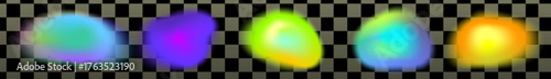 Neon abstract blur blobs with luminous glow. Gradient shapes in blue, yellow, and green create smooth color mesh and bright light effect.