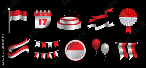 Indonesia icons set, Independence Day of Indonesia vector design template elements, national symbols of Indonesian patriotic day for 17th August celebration, gambar hari kemerdekaan Indonesia