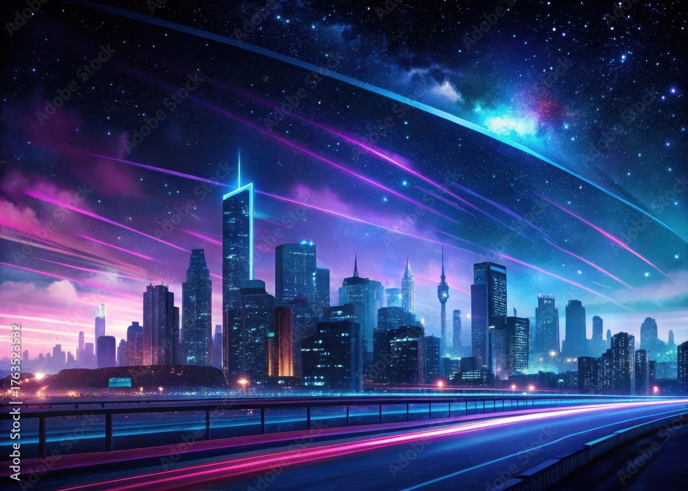 Fototapeta premium Cityscape under starry night sky with long exposure