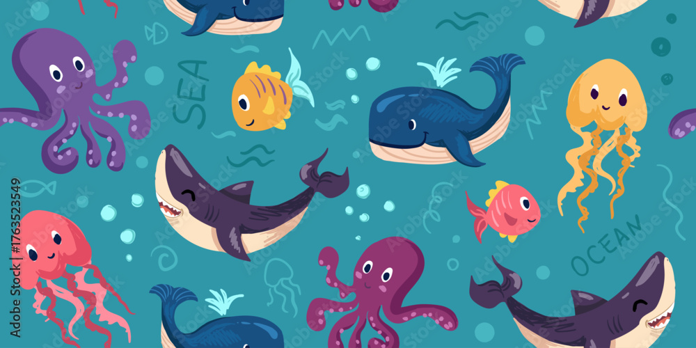 Obraz premium Cute seamless pattern with sea animals, whales, sharks, octopuses, jellyfish, colorful fish, marine life, underwater world, cartoon ocean creatures. Vector hand drawn illustration