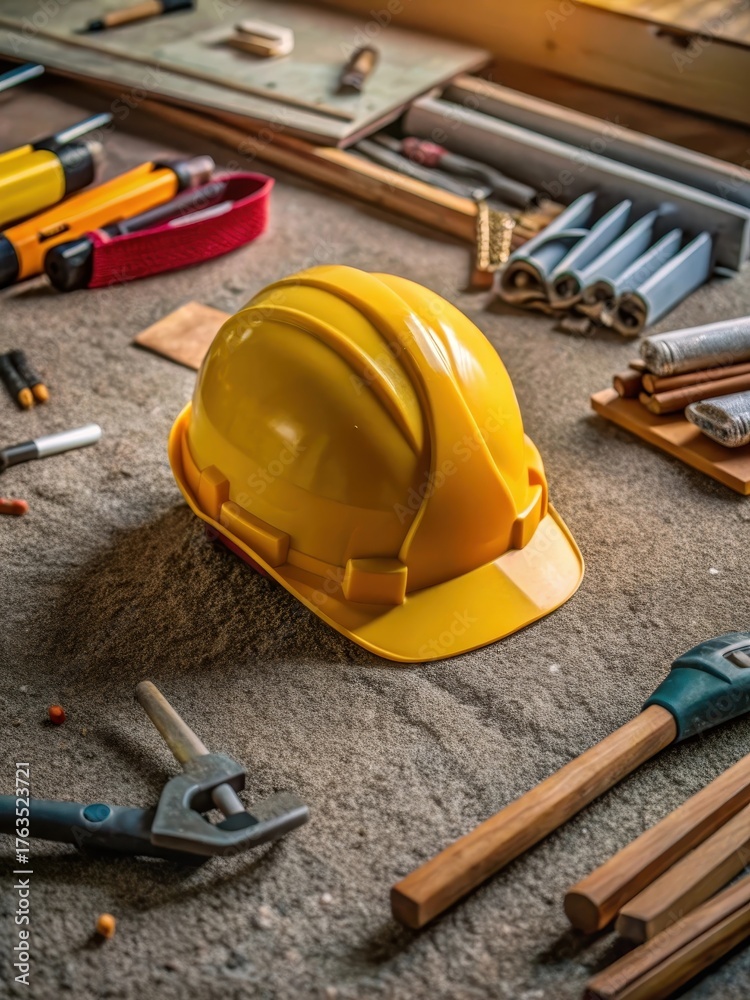 Fototapeta premium Yellow hard hat on construction site floor with tools and building materials scattered around
