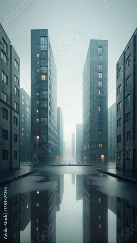 Muted grey building facades reflected in wet pavement on an overcast day