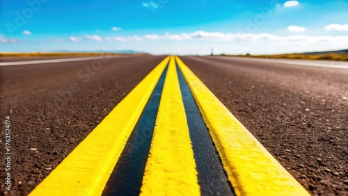 Double yellow lines on asphalt road with a clear demarcation from the edge of the road