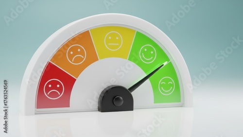 3d feedback gauge with color faces and glowing needle, customer feedback, positive review emotion meter