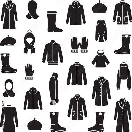 Collection of winter clothing and accessories icons