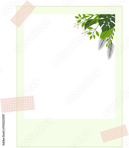 Polaroid photo frame with tropical plants and tape decoration