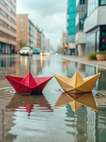 Rainy Day Scene with Two Paper Boats in Water Puddle on Street