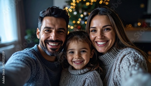 Joyful family smiling together, celebrating Christmas in cozy home, capturing a heartwarming moment with festive lights and holiday cheer
