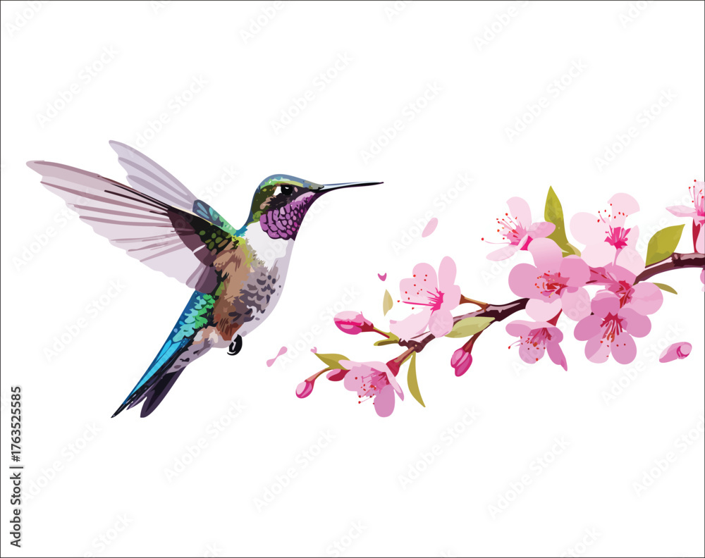 Fototapeta premium Vibrant hummingbird hovering near a blooming twig of pink colored flowers