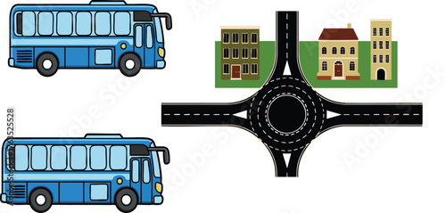 Two blue buses approaching a roundabout in a town illustration