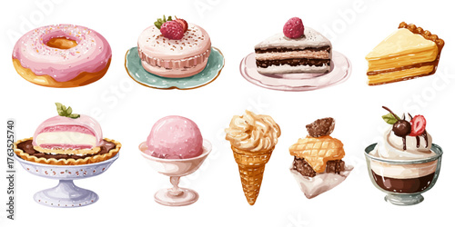 Sweet assortment of desserts including cakes donuts ice cream sundae and pastries isolated on white isolated on transparent background