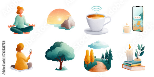 Digital detox lifestyle elements woman meditating coffee cup phone tree nature path books stack represents well-being isolated on transparent background
