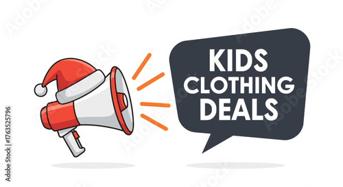 Festive kids clothing promotion with santa hat megaphone and speech bubble