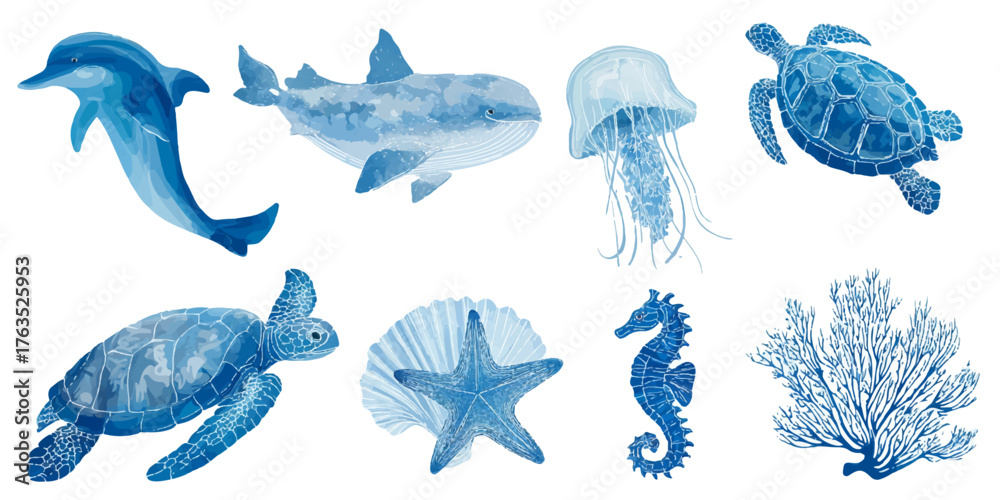 Fototapeta premium Collection of blue watercolor marine life including dolphin shark turtle jellyfish seahorse starfish and coral isolated on transparent background