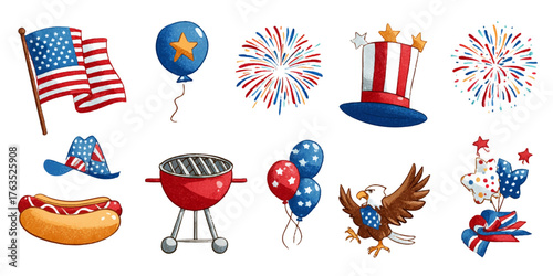 Independence day celebration elements featuring american flag fireworks uncle sam hat bbq grill hot dog eagle and balloons isolated on transparent background