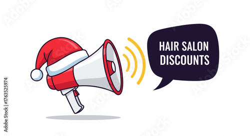Festive megaphone announcing hair salon discounts for the holiday season