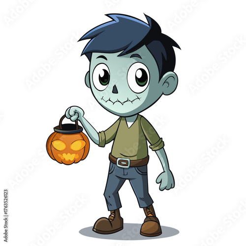 Cute cartoon zombie boy holding a pumpkin lantern