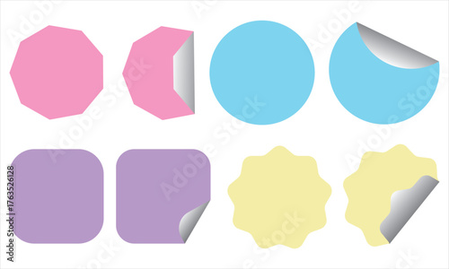 Sticker Label Mockup Set with Peeling Corner Rounded Square, Circle, Octagon, Starburst