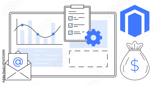 Chart with line and bar graphs, clipboard with checklist, gear icon, email envelope, logo, money sack. Ideal for finance, workflow, planning e-commerce communication analytics minimal flat