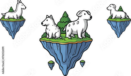 Cartoon dogs on floating islands in a whimsical landscape art