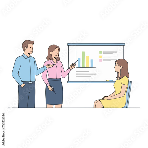Colleagues presenting data and discussing information during a business meeting.