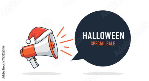 Festive megaphone announcing halloween special sale in retro cartoon style