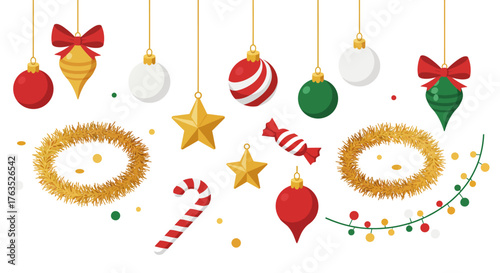 Festive holiday decorations hanging ornaments and candy cane on white background