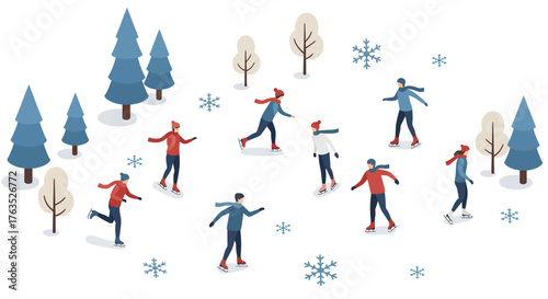 Festive winter ice skating scene with people in flat minimalist style