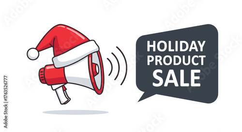 Festive megaphone announcing holiday product sale with speech bubble