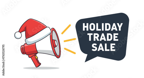 Festive megaphone announcement with santa hat and holiday trade message