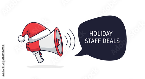 Festive megaphone announcing holiday staff deals in cartoon style