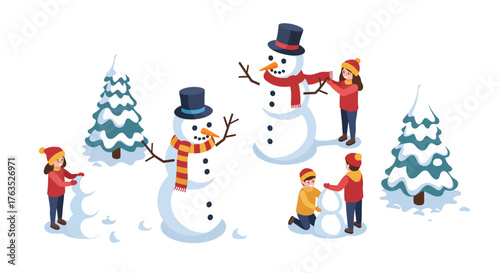 Family building snowmen and decorating trees in winter wonderland