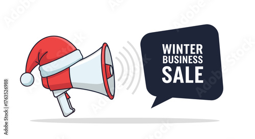 Festive megaphone announcing winter business sale in cartoon style