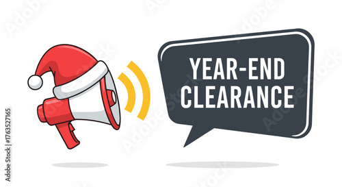 Christmas megaphone announcing year-end clearance sale with speech bubble