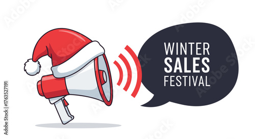 Festive megaphone announcing winter sales festival with santa hat