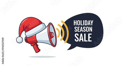 Festive megaphone announcing holiday season sale with santa hat