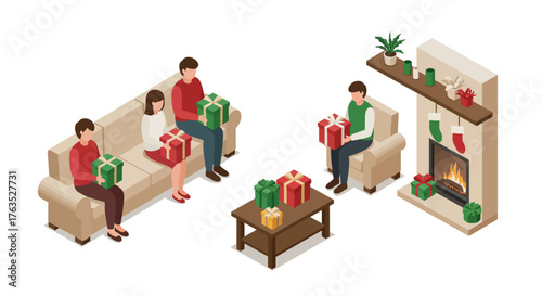 Isometric family sitting around fireplace exchanging christmas gifts in cozy…