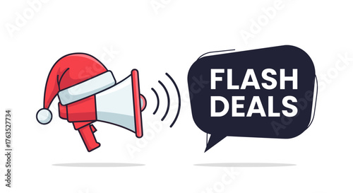 Festive megaphone announces flash deals sale with santa hat and speech bubble