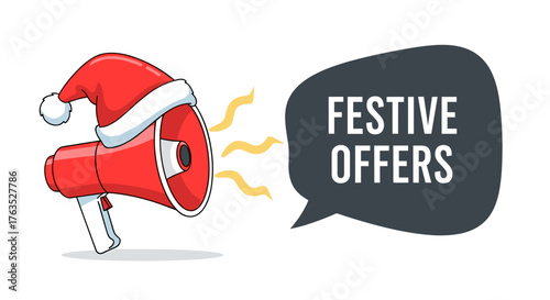 Festive megaphone announcing holiday offers in cartoon style