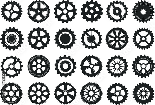 Mechanical gear wheel collection, industrial cog set, engineering machinery parts, black metal gears vector illustration for technology, automation, and industry design