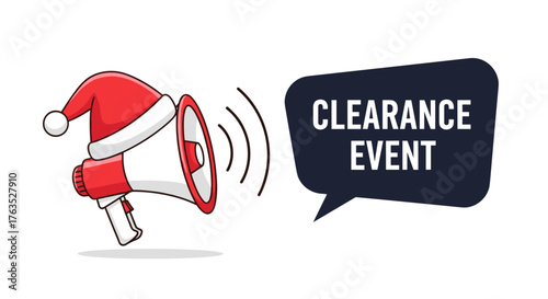 Holiday sale megaphone with santa hat and clearance event speech bubble