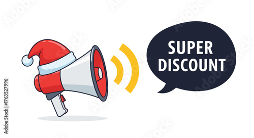 Festive megaphone with santa hat announcing super discount