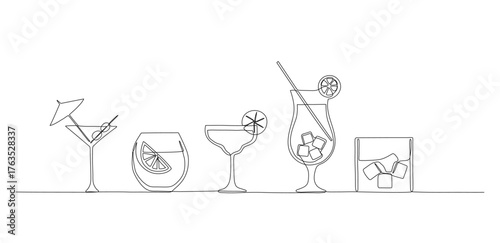 Cocktail one continuous line illustration. Hand drawn vector drink icon isolated on white background.