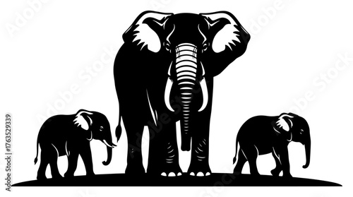 Elephant Family Silhouette Adult with Two Calves Black and White Savanna Wildlife Vector