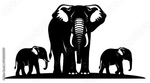 Obraz Elephant Family Silhouette Adult with Two Calves Black and White Savanna Wildlife Vector