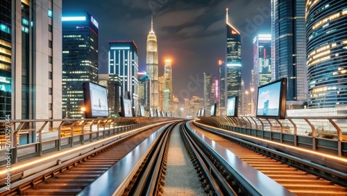 Futuristic neon railway tracks at night in a cityscape with tall skyscrapers and digital billboards