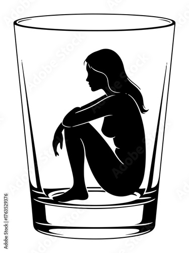 Woman Silhouette Sitting Inside Glass Cup Concept of Isolation and Mental Health Trapped Black and White Vector