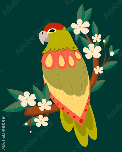 A large, colorful parrot sits on a flowering tree with green leaves, hand-drawn. Suitable for backgrounds, screensavers, stickers, posters, postcards, or children's books.