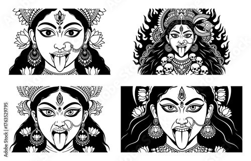 Hindu Goddess Kali Face Vector Set. Fierce Divine Mother Maha Kali Illustration for Navaratri