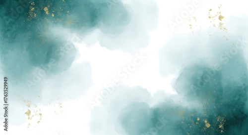 Abstract teal and white watercolor splatter background with subtle gold flecks and soft blended edges
